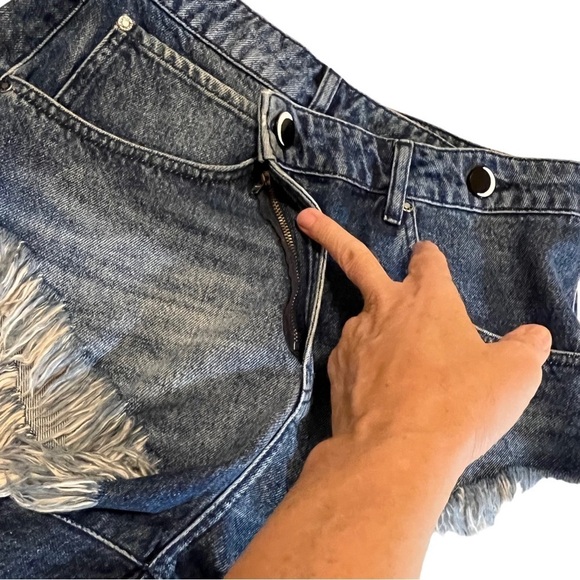 Crossover Waist Fringe Hem High Rise Denim Jean Cutoff Shorts 27 - Picture 8 of 14